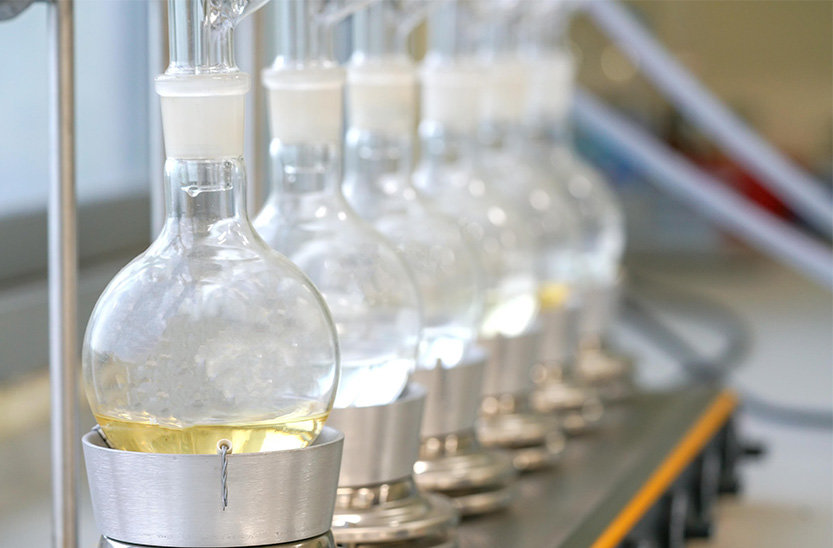 A row of clear glass round bottom flasks.